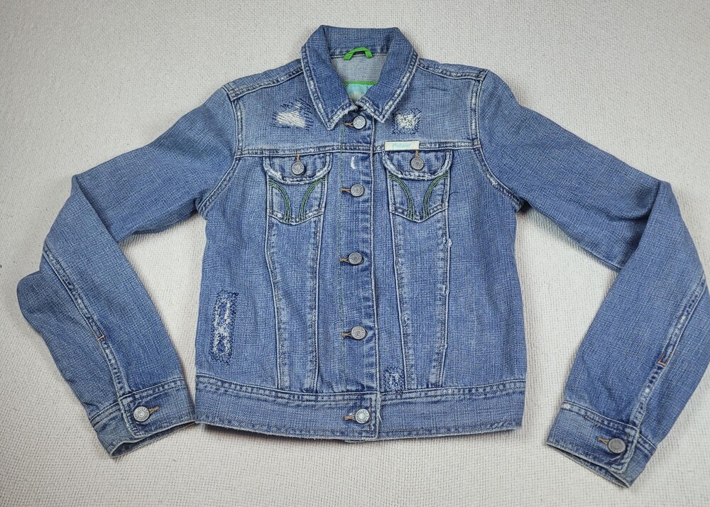 Hollister Jacket Womens Small Denim Distressed Jean Trucker Embroidered Retro